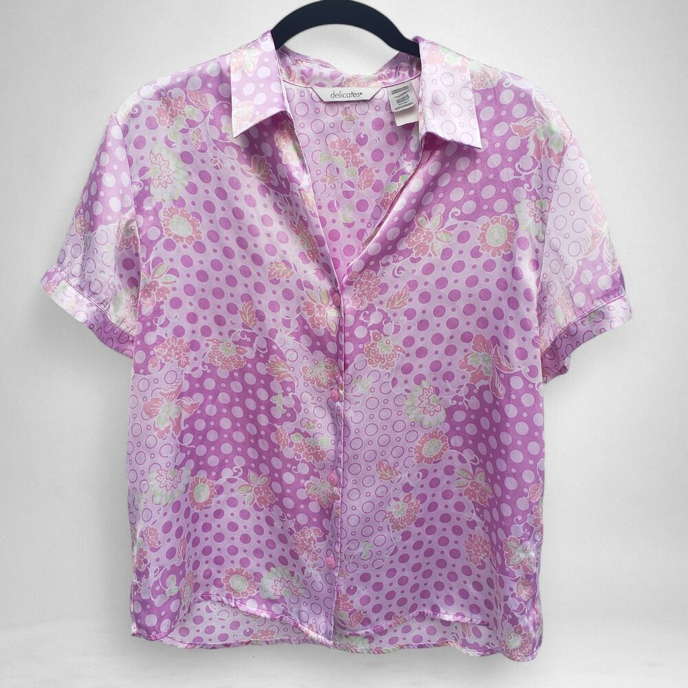 Delicates Satin Pajama Top Womens Medium Pink Y2k Short Sleeve Button Up Floral